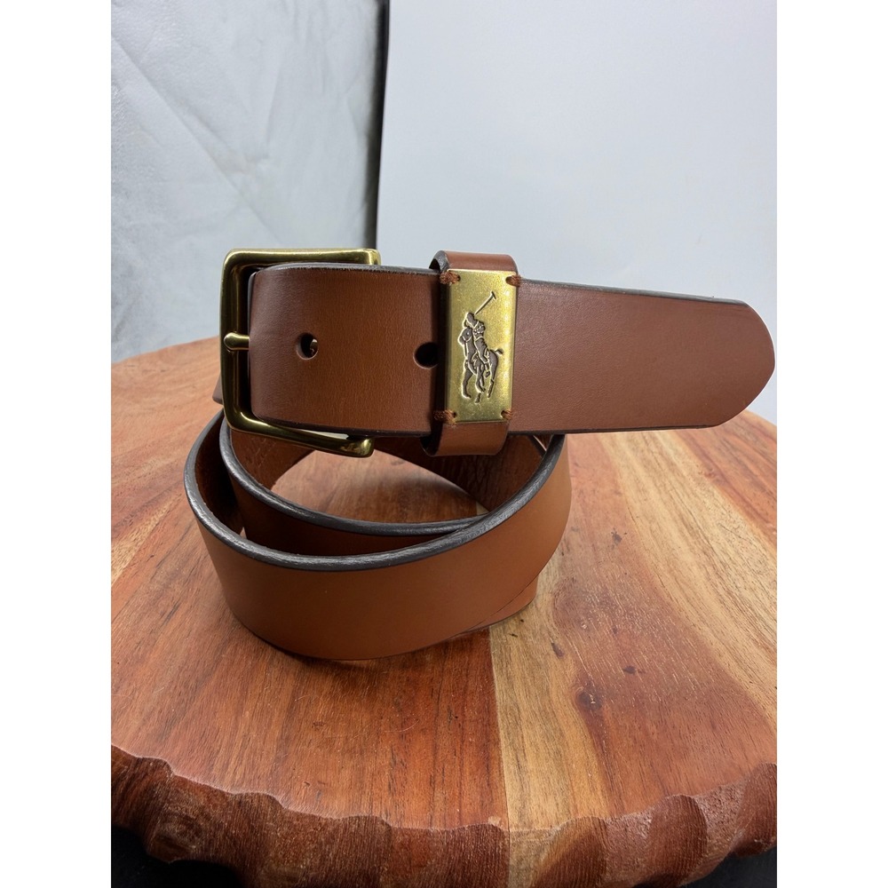 Polo Ralph Lauren Leather Belt Men 36 Tan Brass Pony Buckle 405547279-002